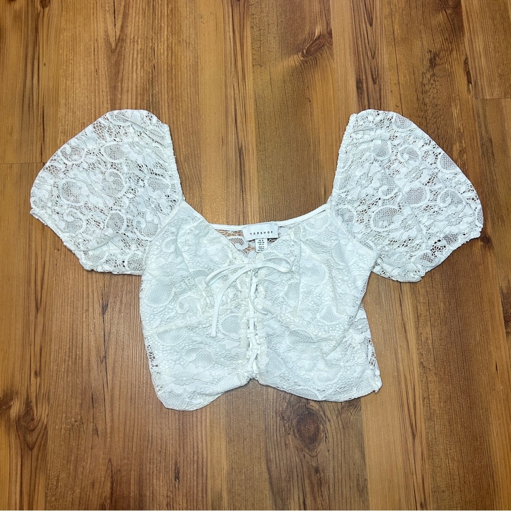 Aritzia TopShop White Lace Tie Puff Sleeve Crop Top - Size Small 4